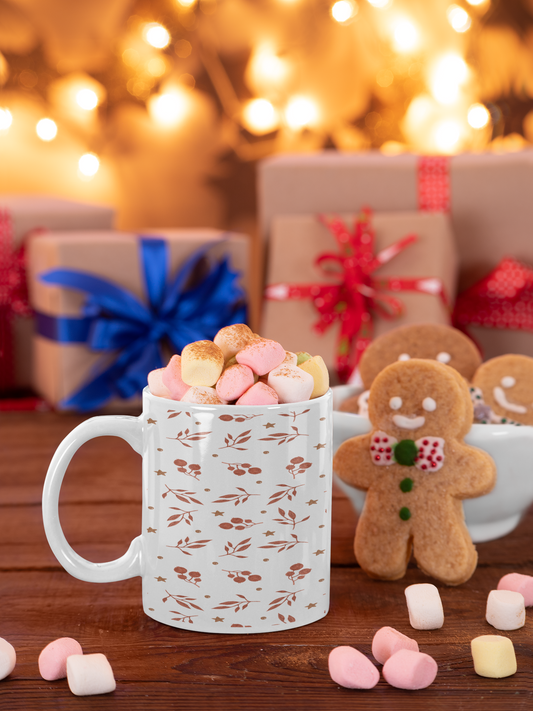 Brown Christmas Berries on White Mug