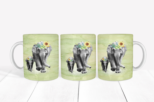 Elephant and Baby on Green Background Mug