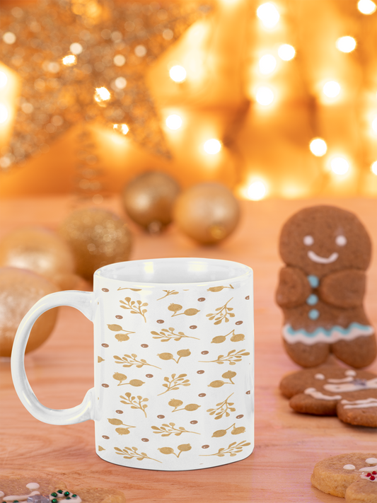 Gold Christmas Berries on White Mug