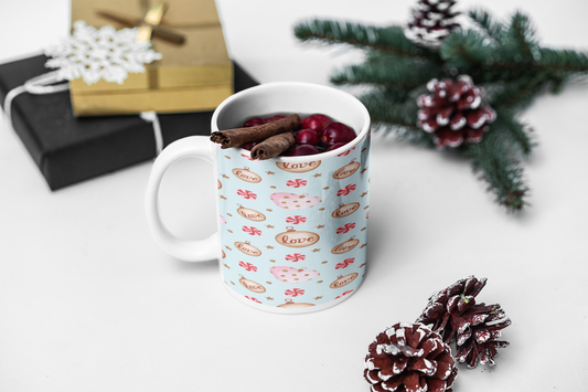 Gold Christmas Decorations on Blue Background Mug