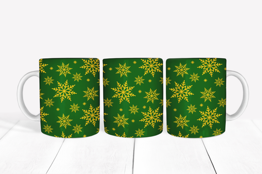 Gold Snowflakes on Green Background Mug