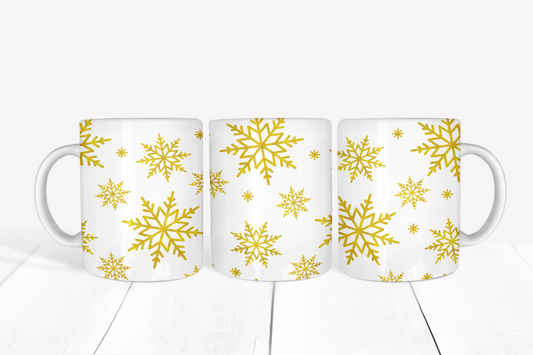 Gold Snowflakes on White Background Mug